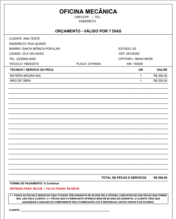 Tela de Ordem de Serviço